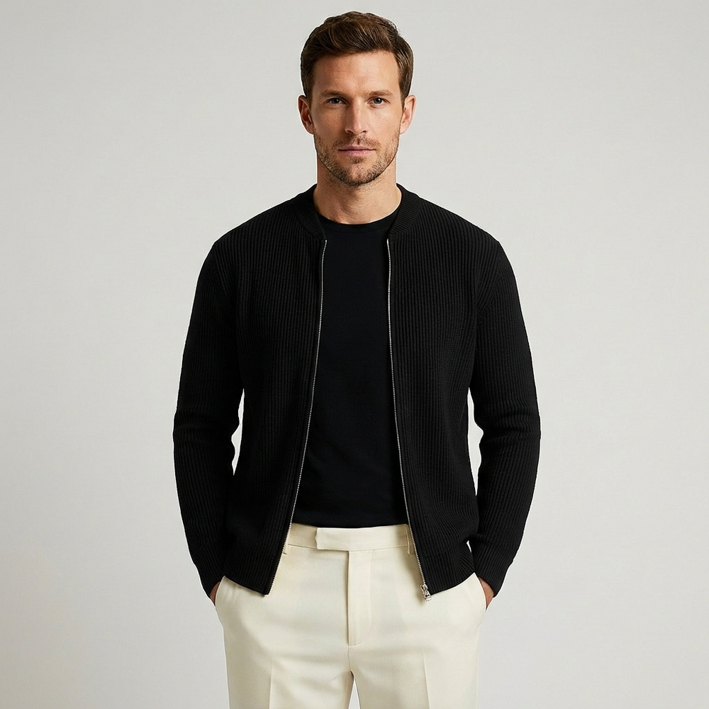 Men's ribbed knit zip cardigan with stand collar and long sleeves