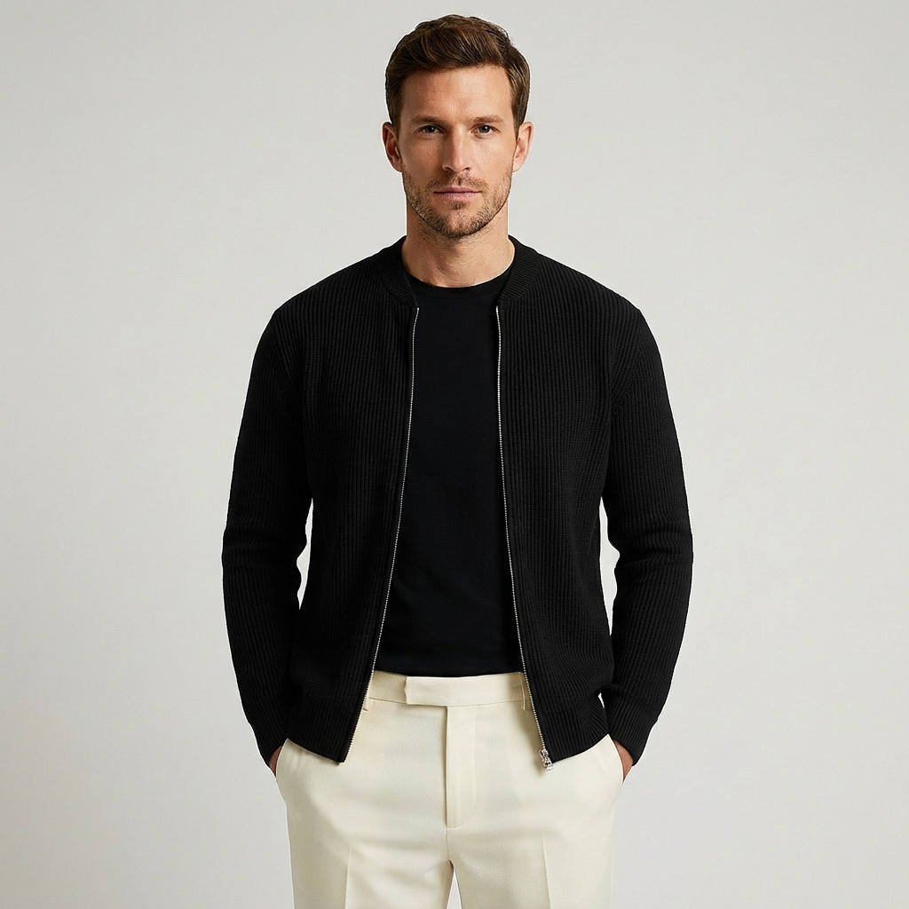 Men's ribbed knit zip cardigan with stand collar and long sleeves
