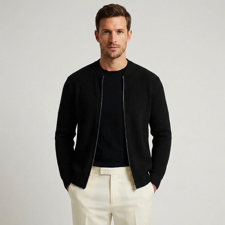 Men's ribbed knit zip cardigan with stand collar and long sleeves