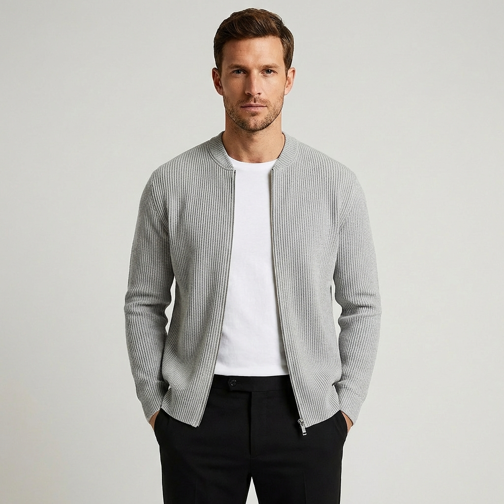 Men's ribbed knit zip cardigan with stand collar and long sleeves