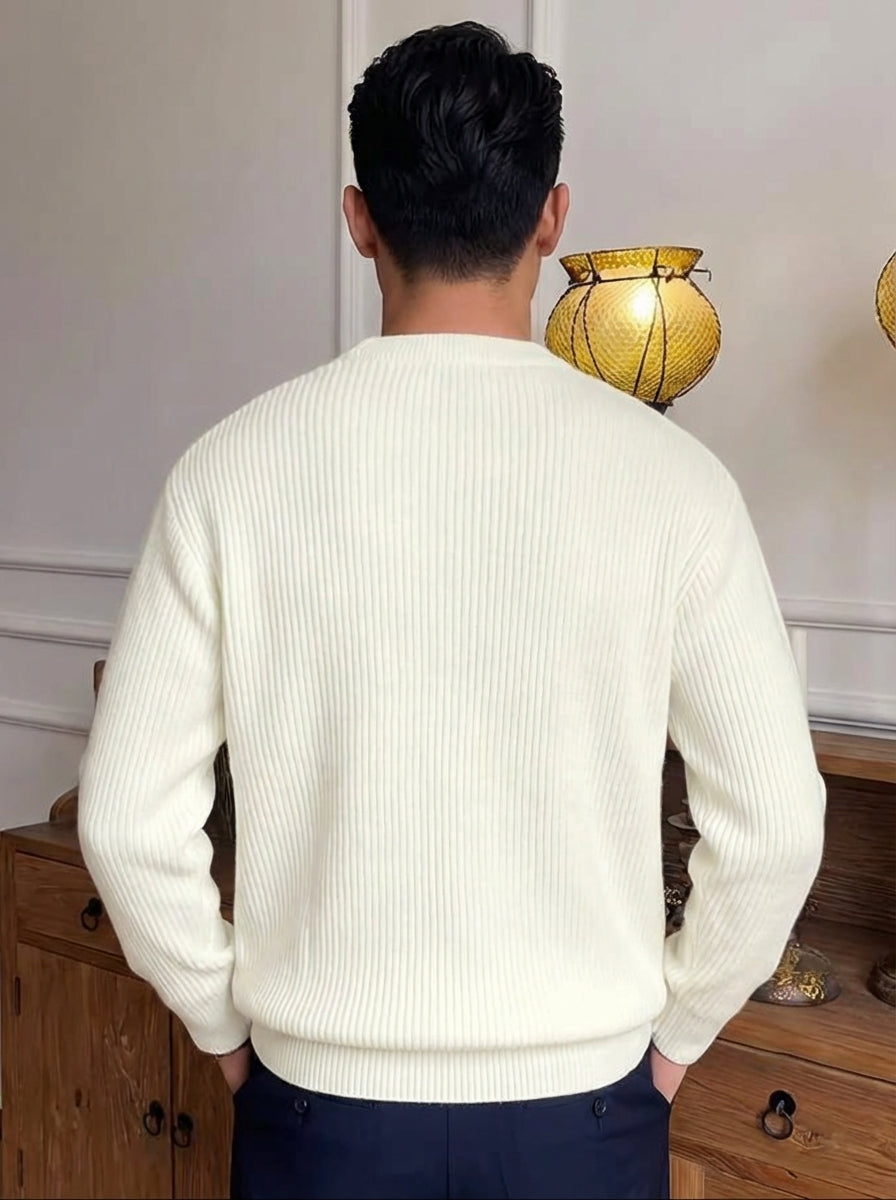Men's ribbed crew neck sweater with long sleeves and ribbed hem