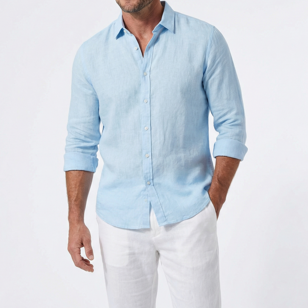 Men's light blue button-front shirt with long sleeves and pointed collar