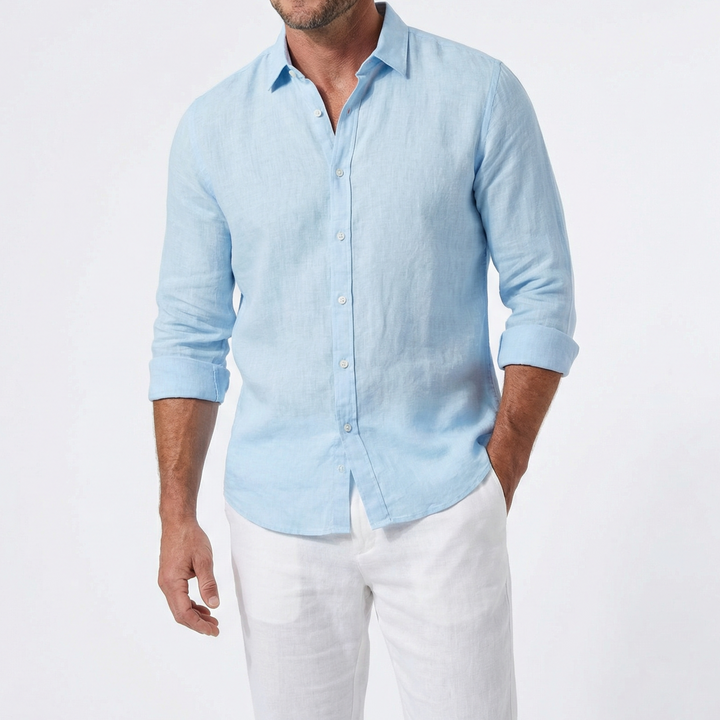 Men's light blue button-front shirt with long sleeves and pointed collar