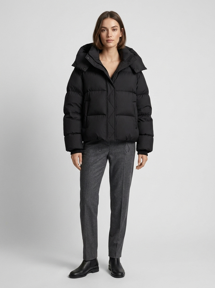 Women's oversized hooded puffer jacket with zip front