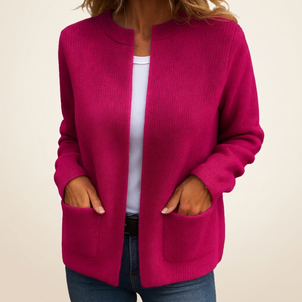 Women's ribbed open front cardigan with long sleeves and two patch pockets
