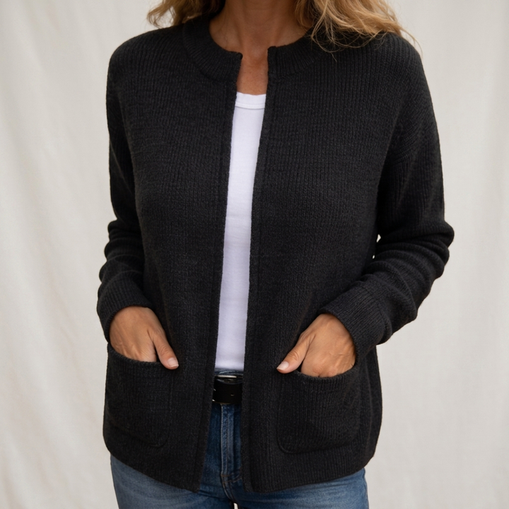 Women's ribbed open front cardigan with long sleeves and two patch pockets