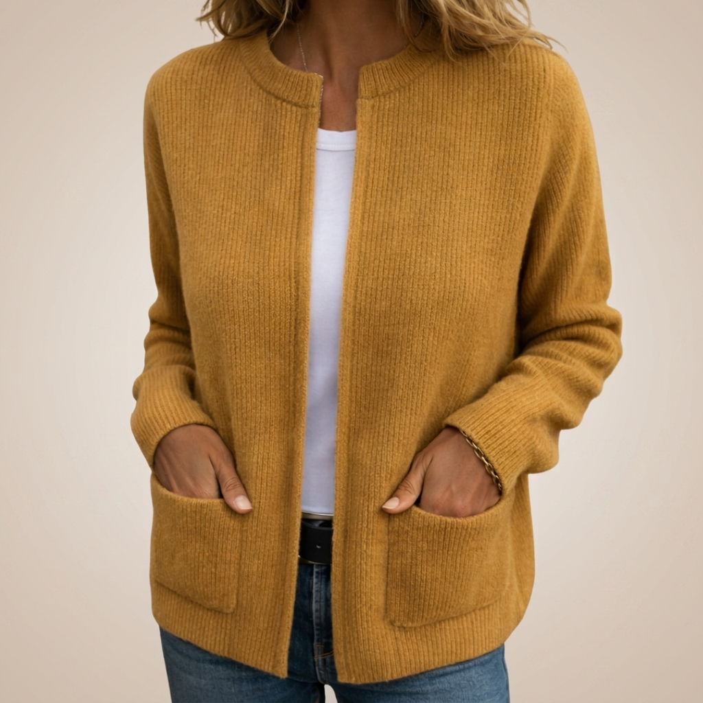 Women's ribbed open front cardigan with long sleeves and two patch pockets