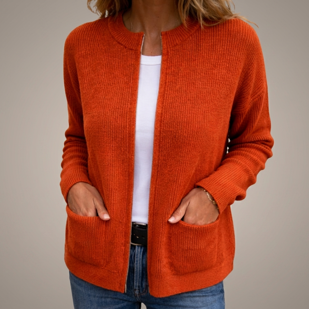 Women's ribbed open front cardigan with long sleeves and two patch pockets