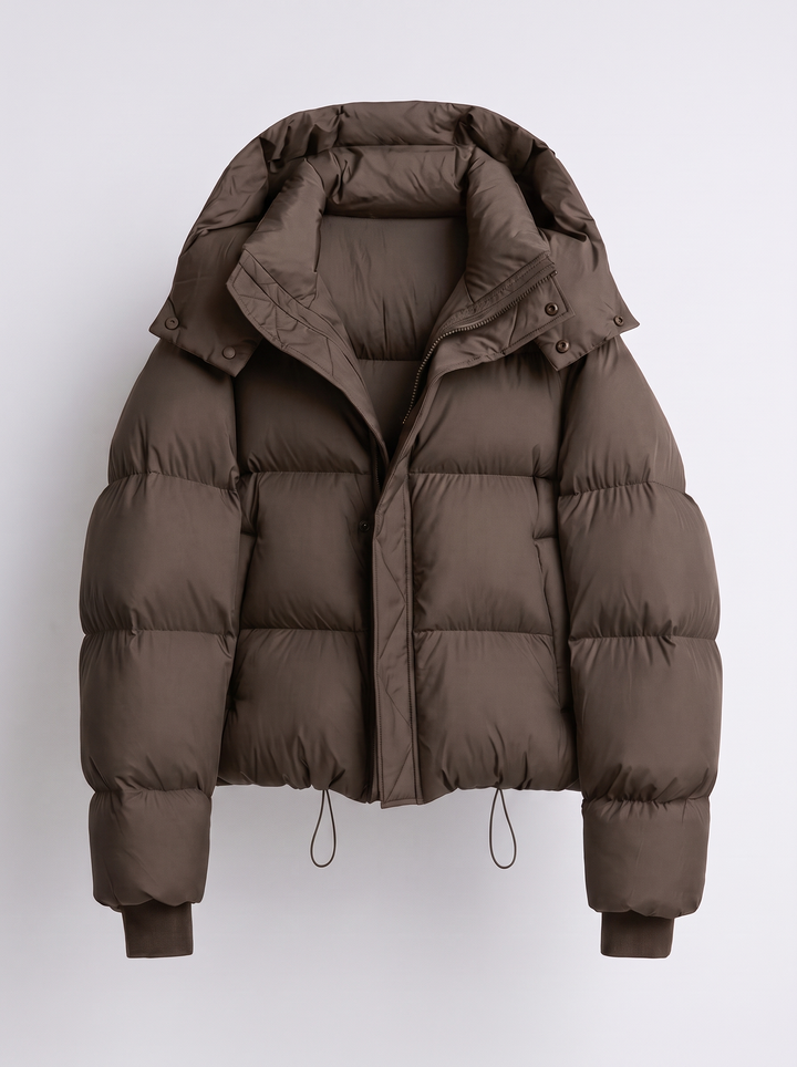 Women's oversized hooded puffer jacket with zip front