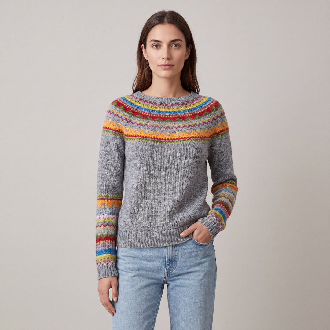 Women's multicolour Fair Isle sweater with boat neckline and long sleeves