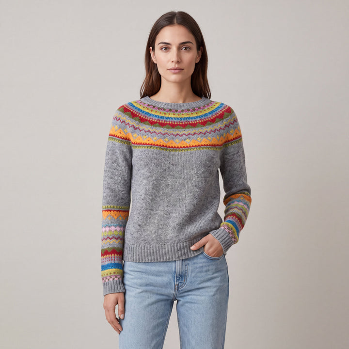 Women's multicolour Fair Isle sweater with boat neckline and long sleeves