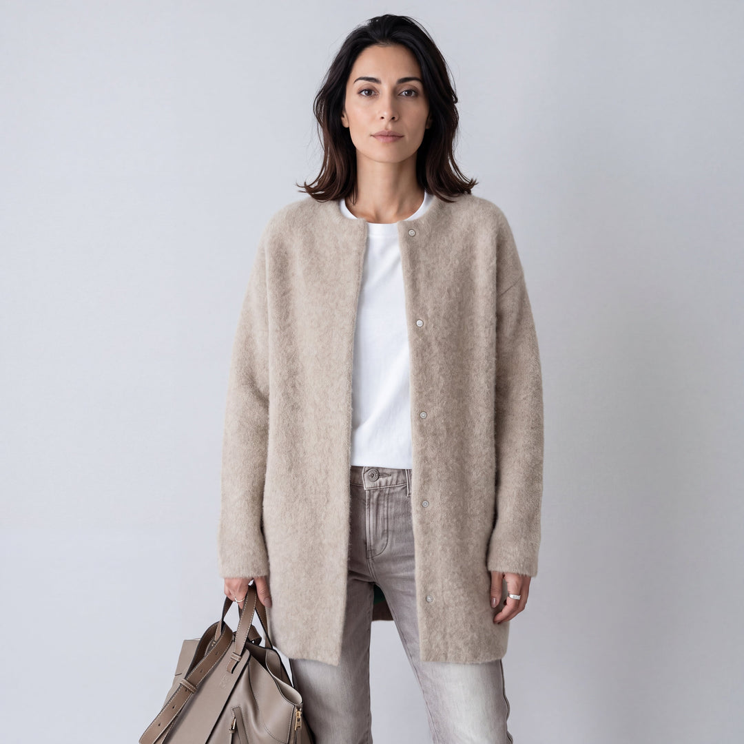 Women's long button front cardigan coat with round neck