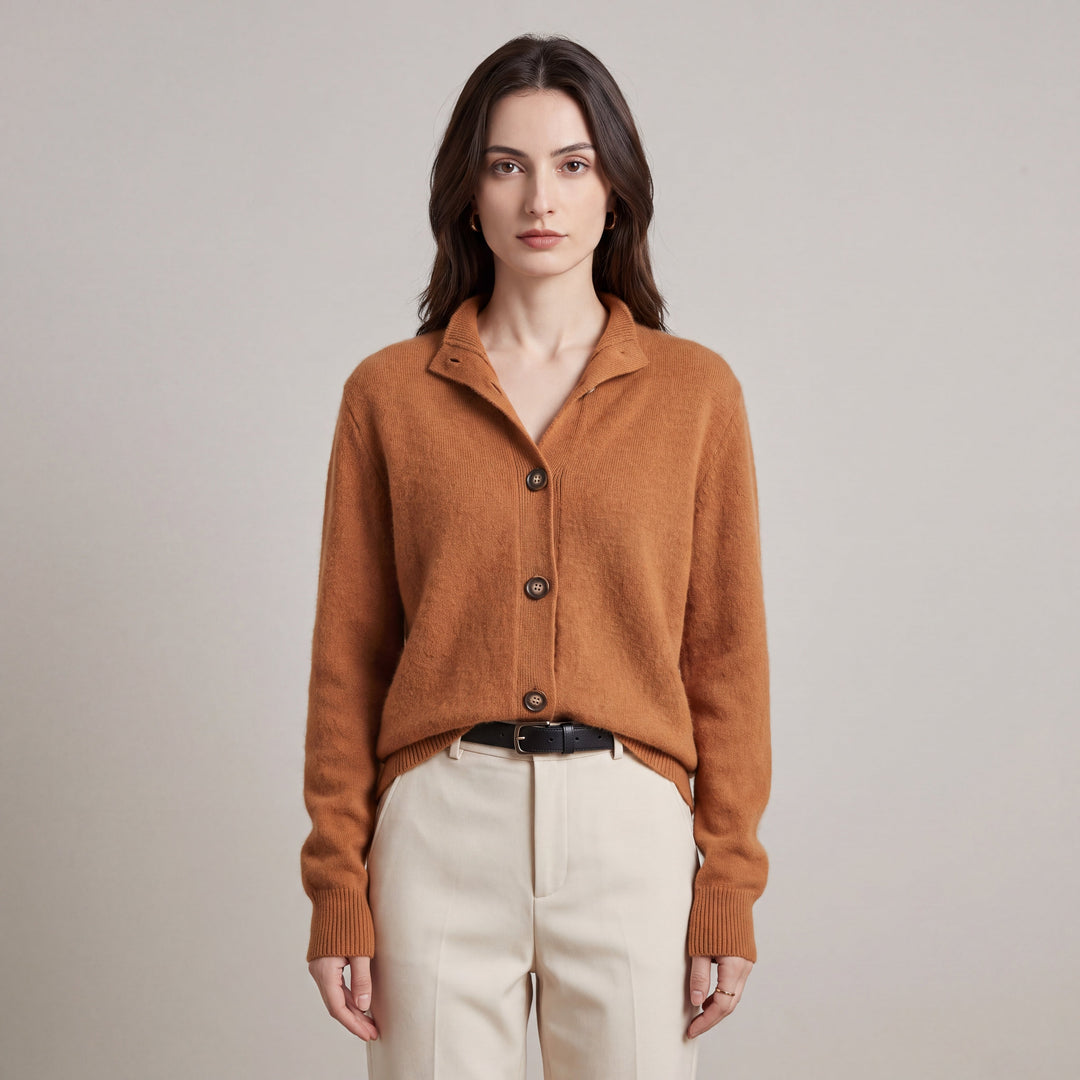 Women's button front cardigan with mock neck and long sleeves