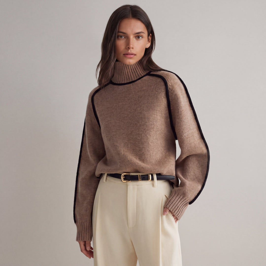 Women's oversized turtleneck sweater with contrast piping and long sleeves