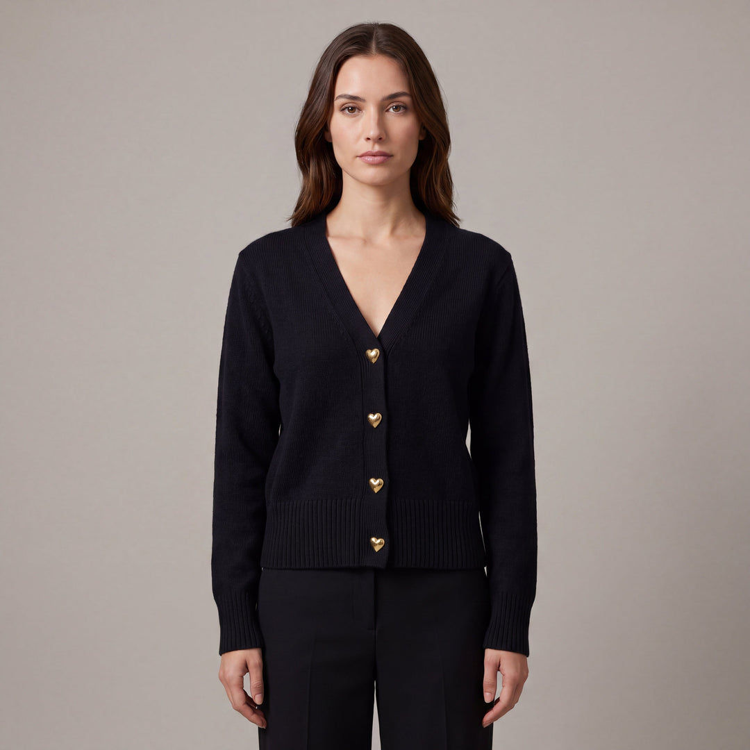Women's V-neck button front cardigan with long sleeves and ribbed trim