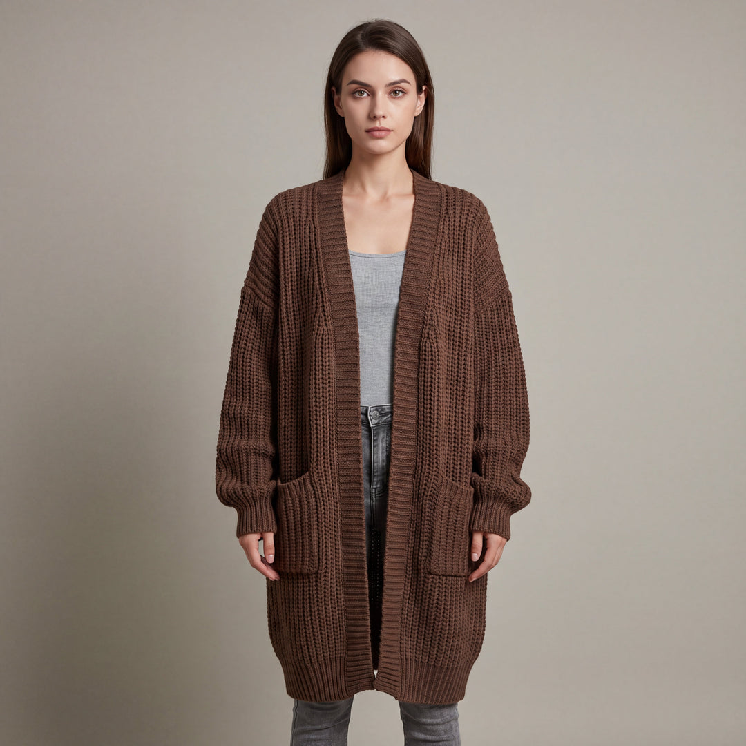 Women's long ribbed knit cardigan with open front and patch pockets