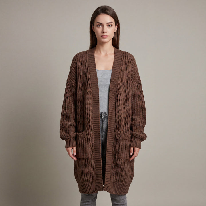 Women's long ribbed knit cardigan with open front and patch pockets