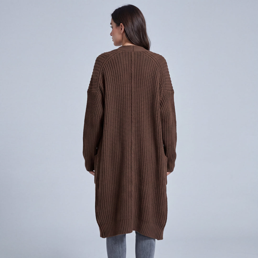 Women's long ribbed knit cardigan with open front and patch pockets