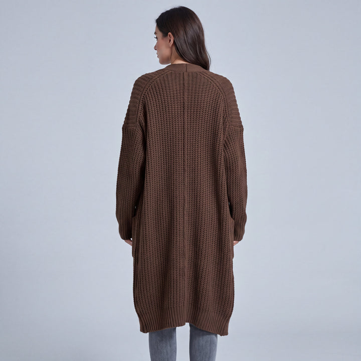 Women's long ribbed knit cardigan with open front and patch pockets