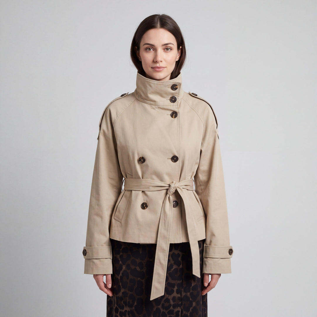 Women's double-breasted belted trench coat with stand collar and long sleeves