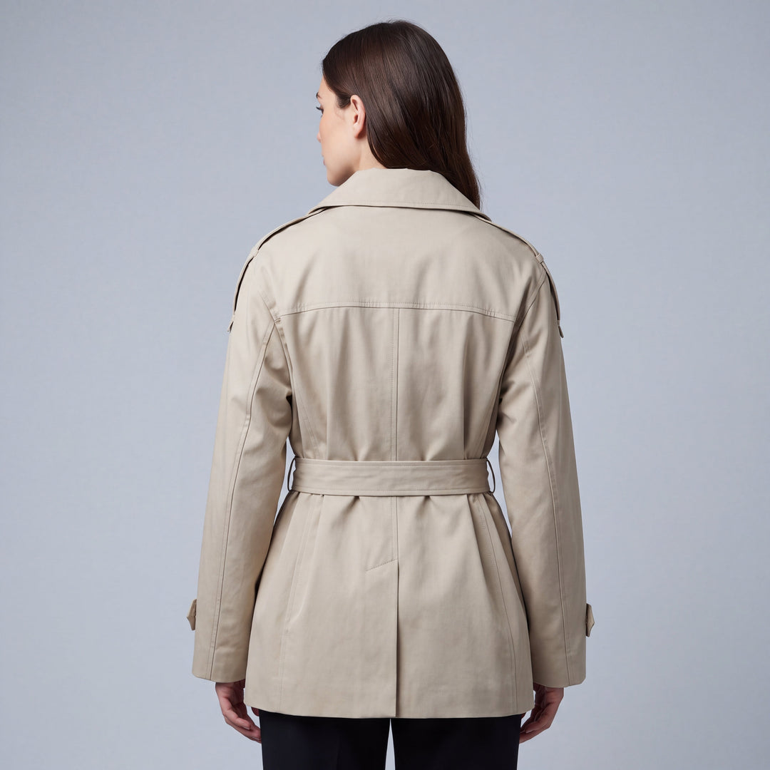 Women's double-breasted belted trench coat with stand collar and long sleeves