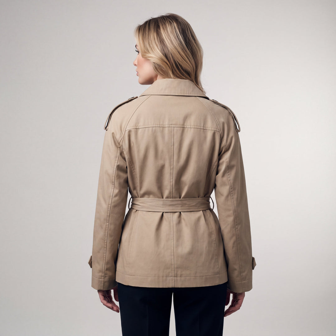Women's double-breasted belted trench coat with stand collar and long sleeves