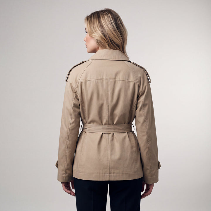 Women's double-breasted belted trench coat with stand collar and long sleeves