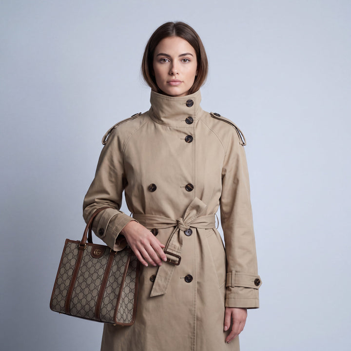 Women's double-breasted belted trench coat with stand collar and long sleeves