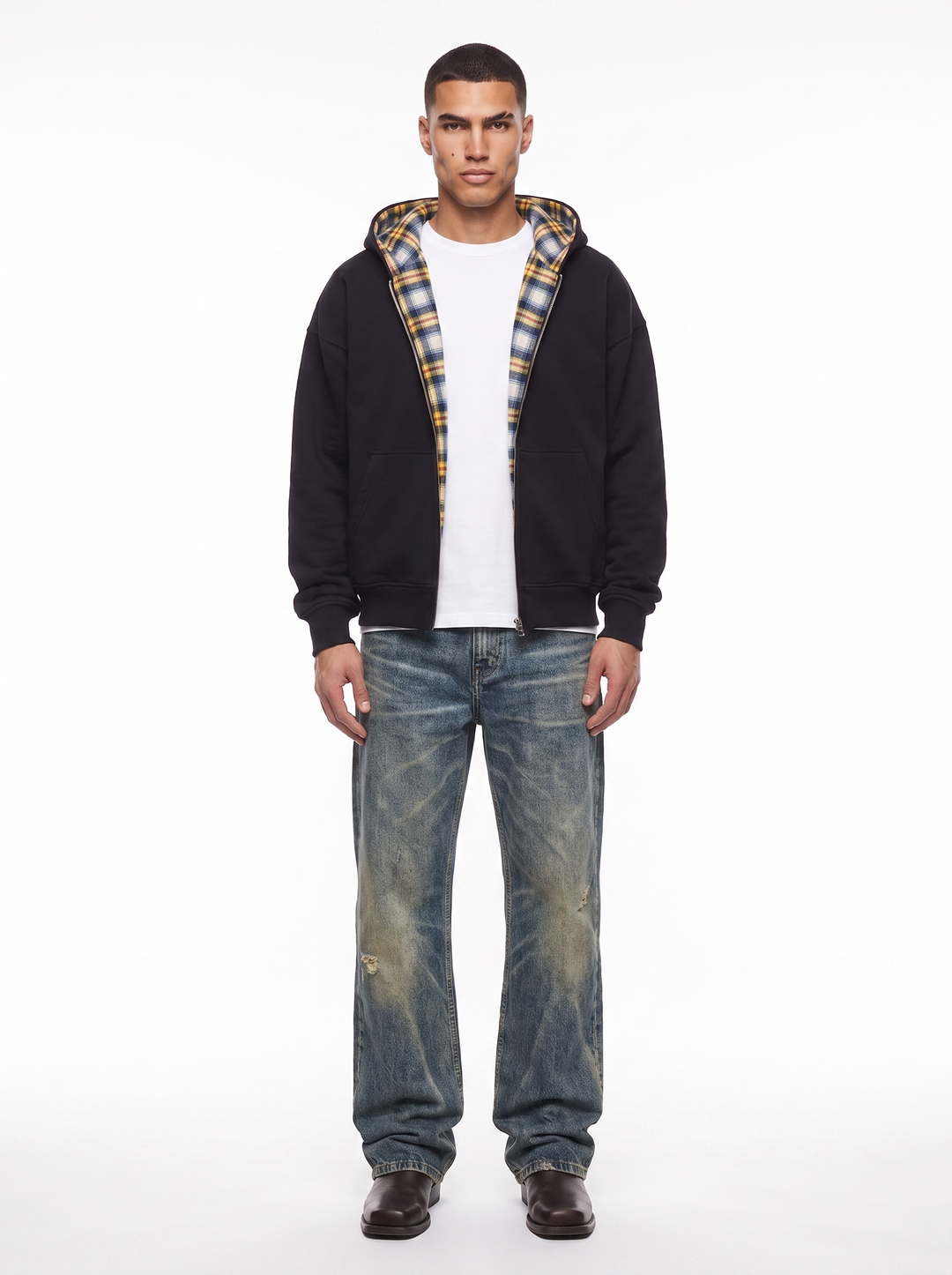 Checked hooded jacket with zip front and contrast plaid lining