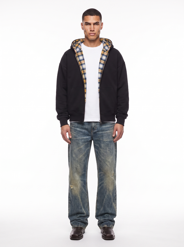 Checked hooded jacket with zip front and contrast plaid lining