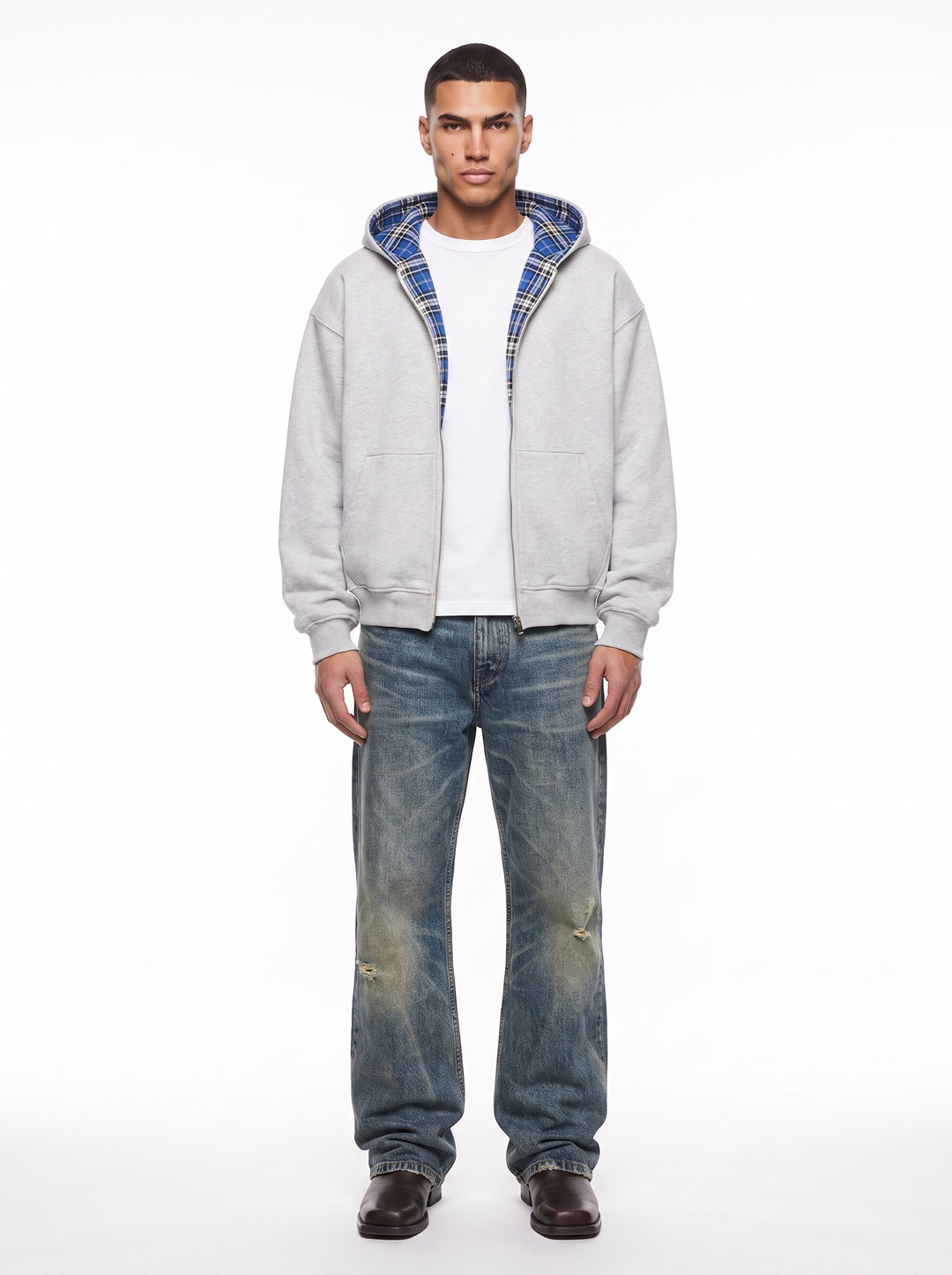 Checked hooded jacket with zip front and contrast plaid lining