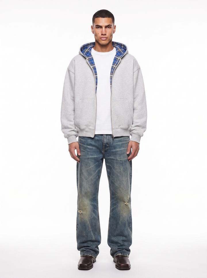 Checked hooded jacket with zip front and contrast plaid lining