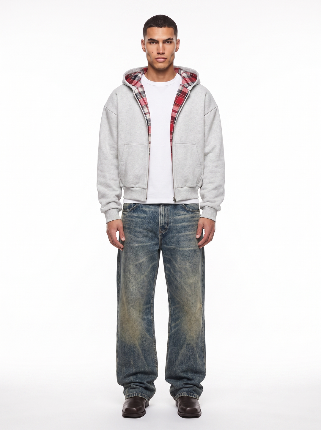 Checked hooded jacket with zip front and contrast plaid lining