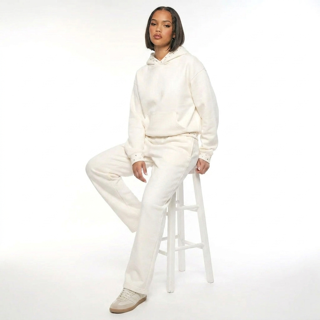 Women's white hooded sweatshirt and wide-leg trouser set with dotted trim