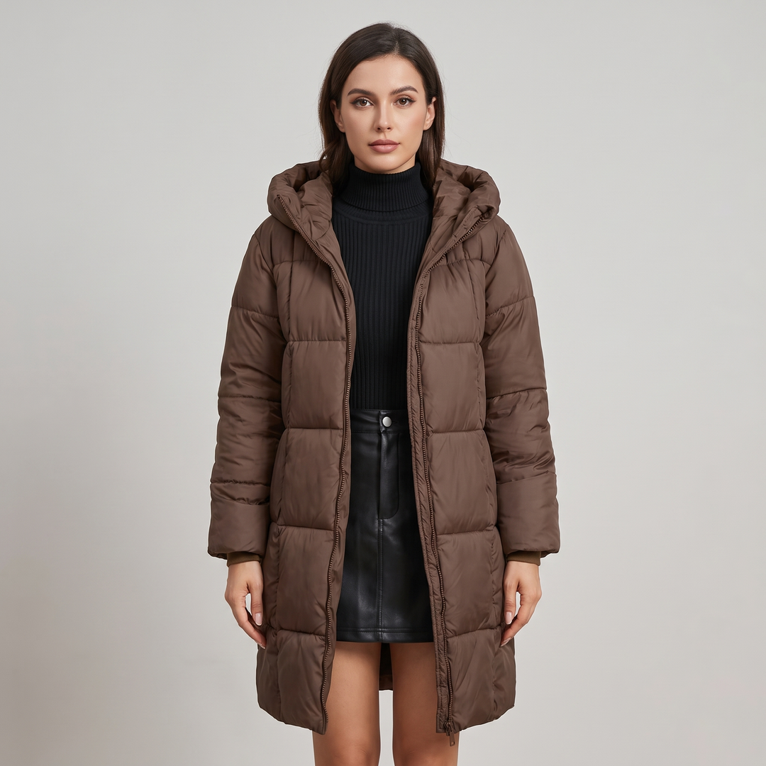 Women's long quilted hooded puffer jacket with zip front
