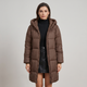 Women's long quilted hooded puffer jacket with zip front