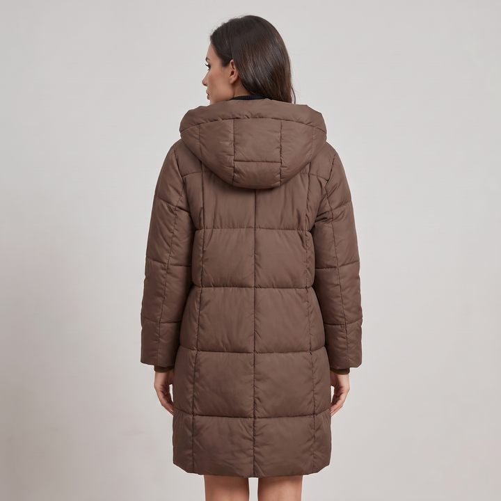 Women's long quilted hooded puffer jacket with zip front