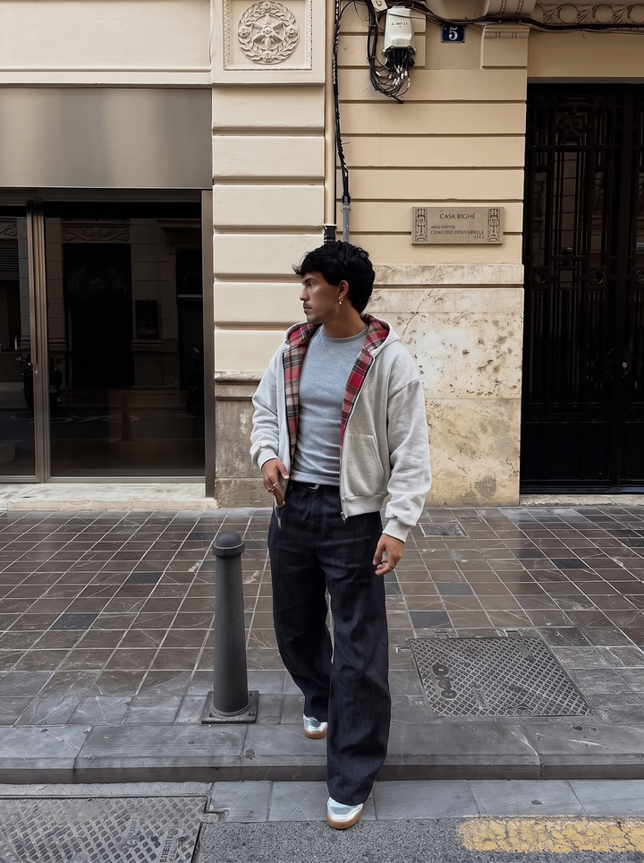 Checked hooded jacket with zip front and contrast plaid lining