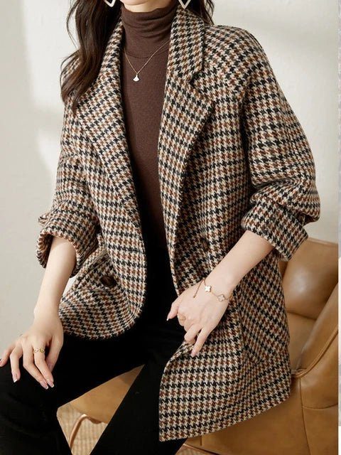 Women's houndstooth blazer coat with notched lapels and button front