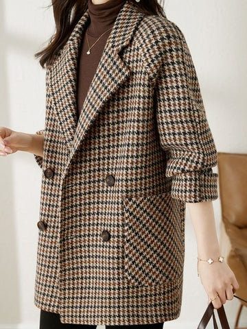 Women's houndstooth blazer coat with notched lapels and button front