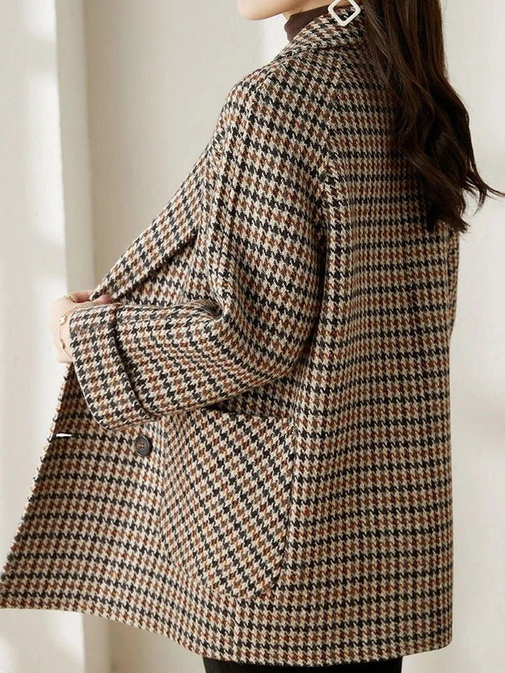 Women's houndstooth blazer coat with notched lapels and button front