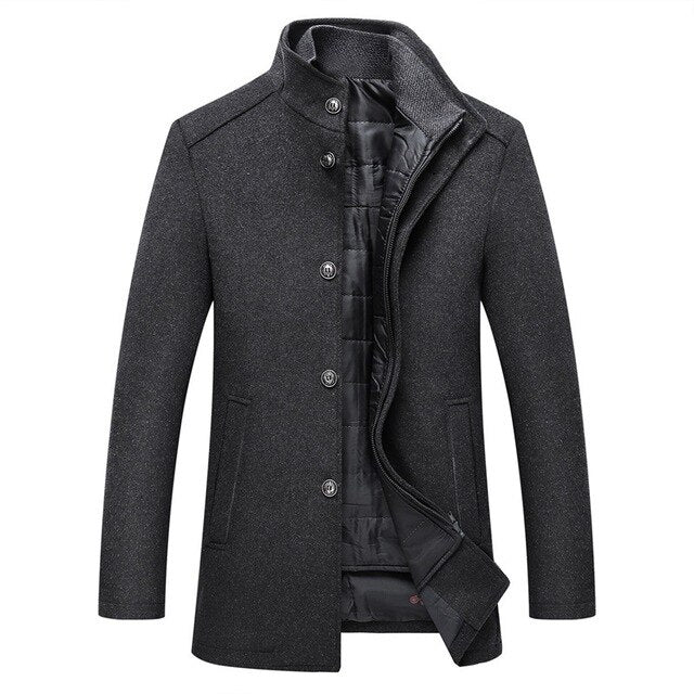 Men's textured winter coat with stand collar, buttons, zip fastening and quilted lining