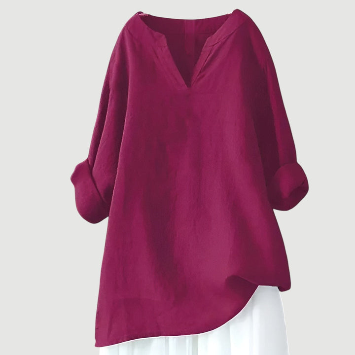 Women's linen blend split neck long sleeve tunic shirt