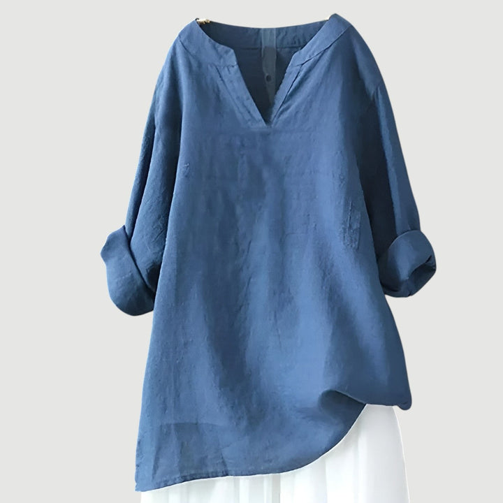 Women's linen blend split neck long sleeve tunic shirt