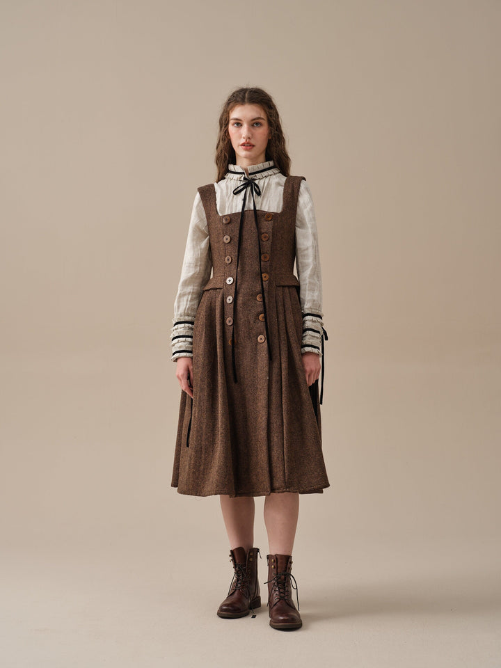 Brown herringbone pinafore midi dress with buttons and belt