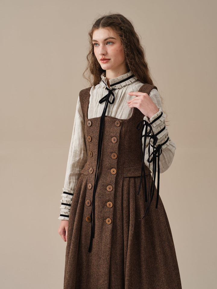 Brown herringbone pinafore midi dress with buttons and belt