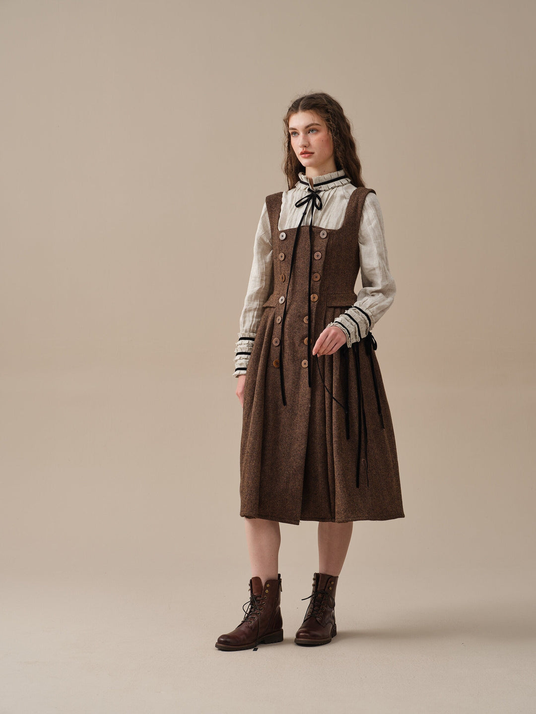 Brown herringbone pinafore midi dress with buttons and belt