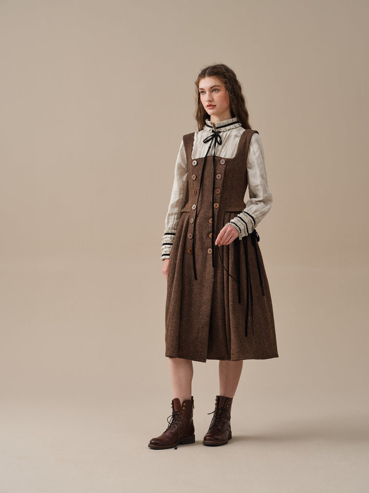 Brown herringbone pinafore midi dress with buttons and belt