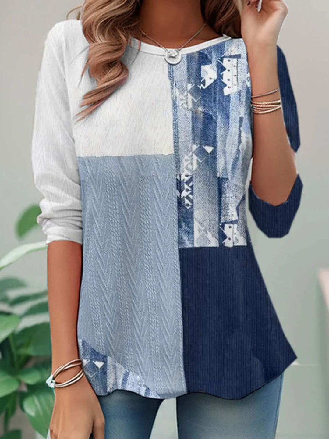 Women's long-sleeve patchwork sweatshirt with mixed striped, checked, dotted and floral panels