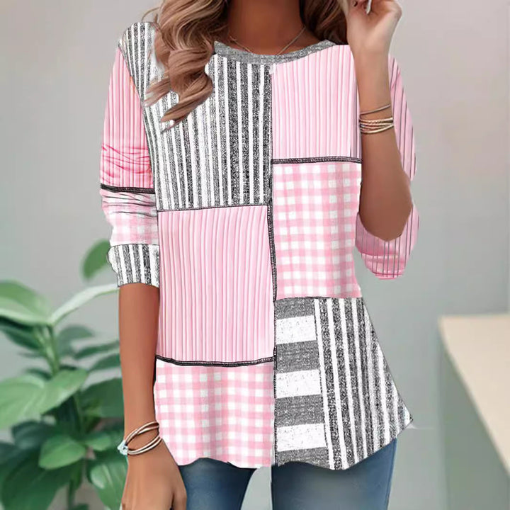 Women's long-sleeve patchwork sweatshirt with mixed striped, checked, dotted and floral panels